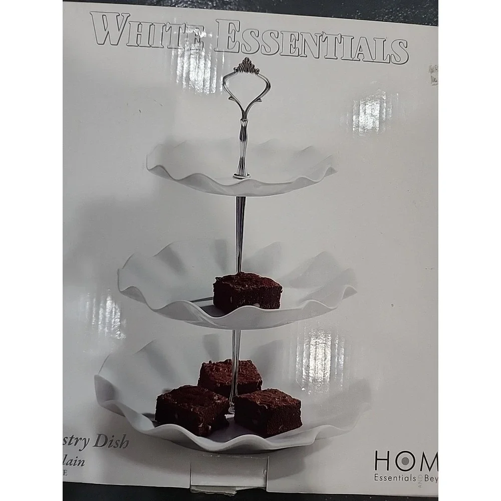 Home Essentials 3 Tier Pastry Dish Unisex OS White Scalloped Porcelain Server